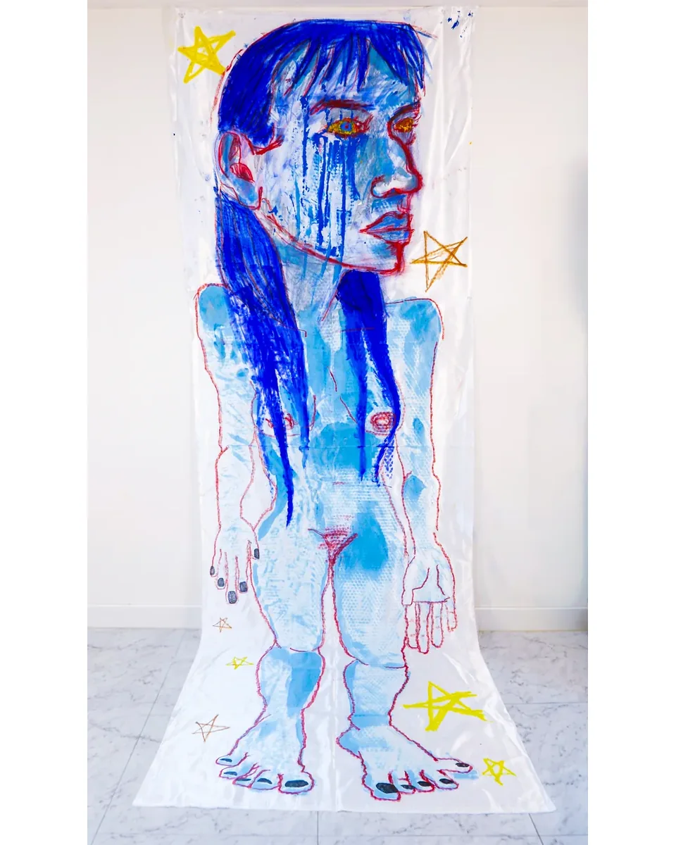 Blue-haired woman crying (2021)