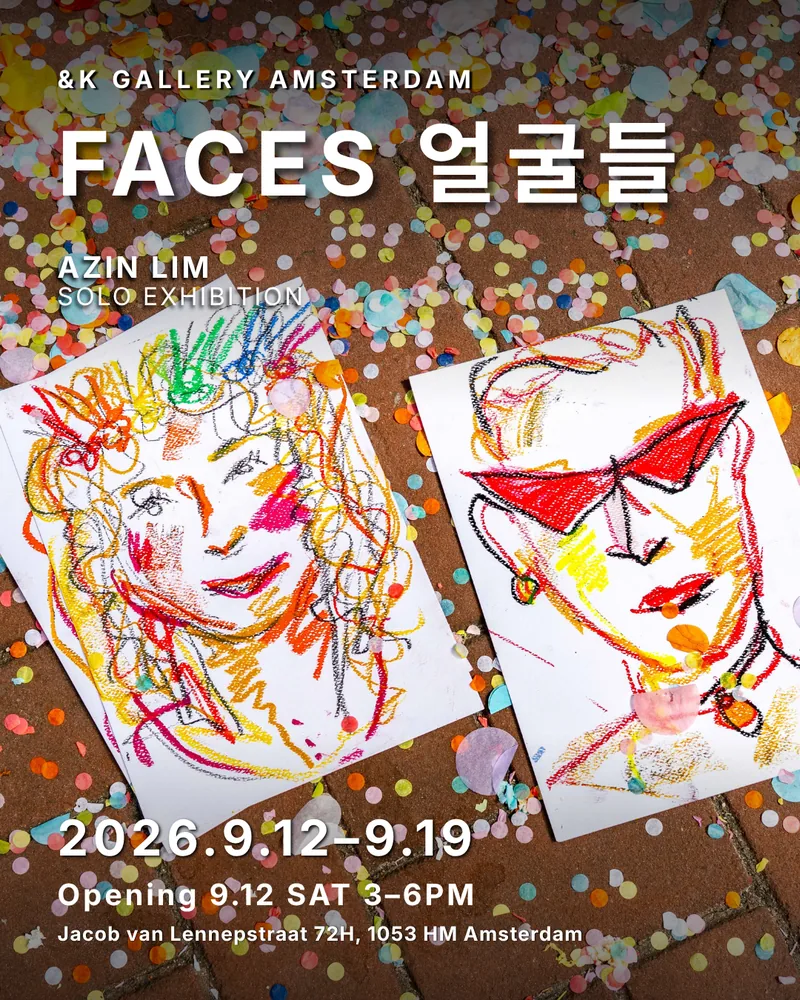 Faces exhibition poster: two oil-pastel portraits on white paper lying on a brick pavement strewn with confetti, the title, dates and venue set in white type
