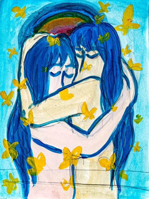 Two blue-haired women embrace &mdash; 14