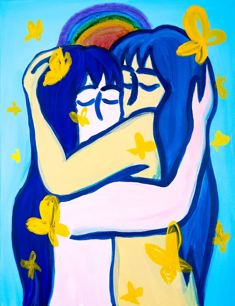 Two blue-haired women embrace (2021)
