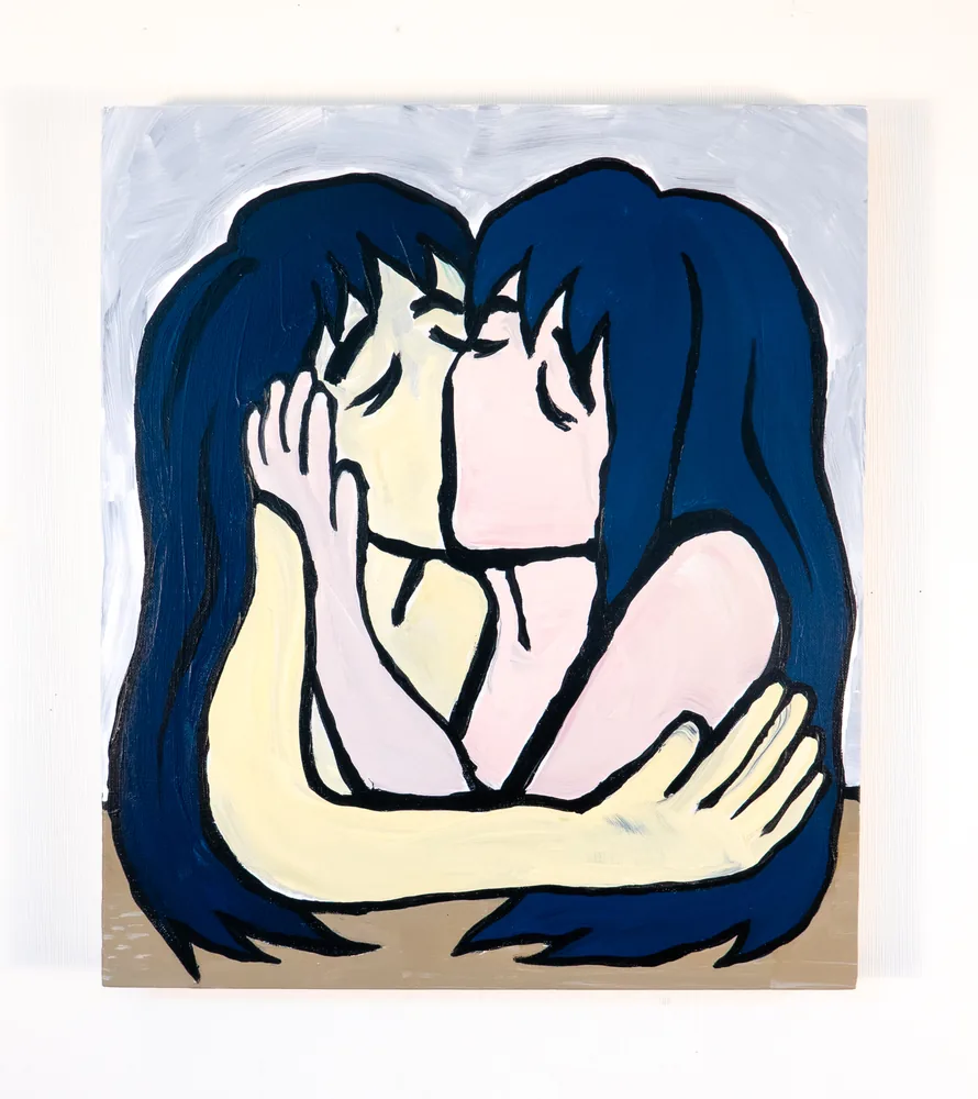 Two blue-haired women kiss (2021)